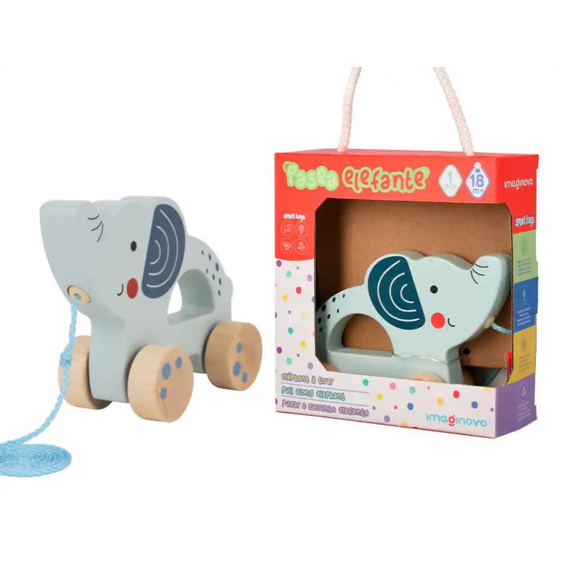 Juego infantil imaginovo madera elefante para arrastrar con ruedas +12 meses 13,4x10x5,4cm