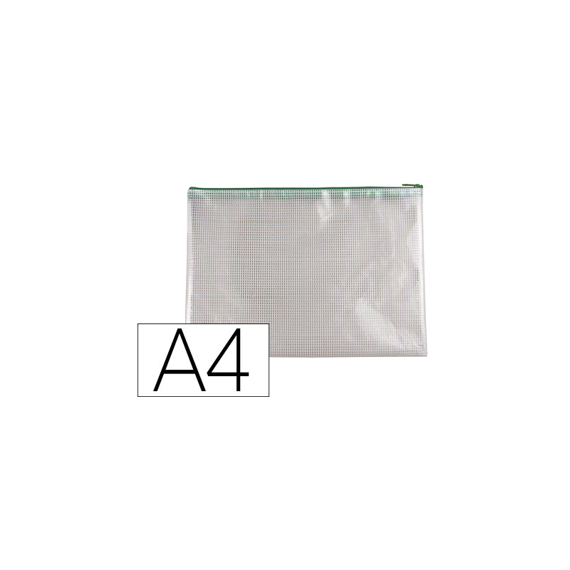 Bolsa multiusos q-connect malla din a4 apertura superiorcon cremallera verde