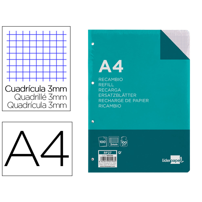 Recambio liderpapel a4 100 hojas 100gr cuadro 3mm con margen 4 taladros
