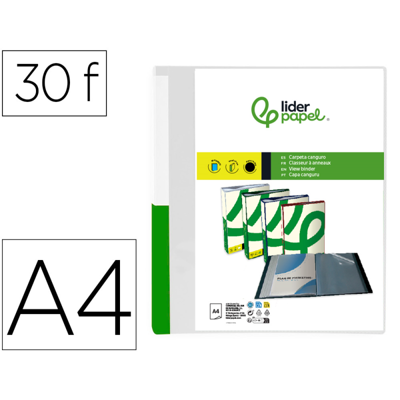 Carpeta liderpapel 30 fundas canguro pp din a4 transparenteportada y lomo personalizable