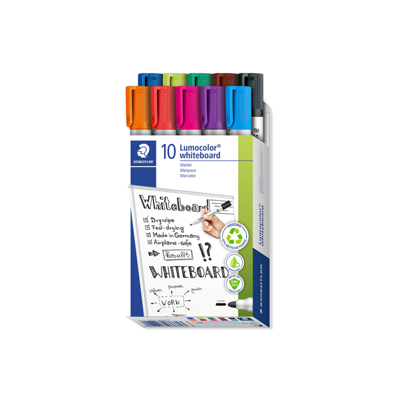 Rotulador staedtler lumocolor 351 para pizarra blanca punta redonda 2 mm recargable caja 10 unidades colores surtidos