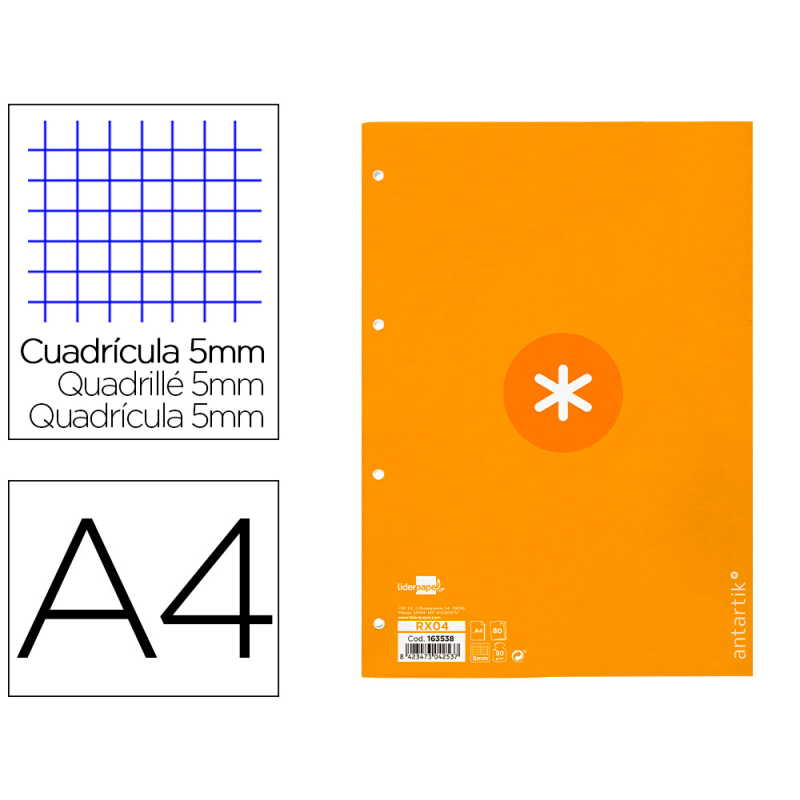 Recambio antartik a4 80 hojas 90gr cuadro 5 mm 4 taladros 1 banda marco color mostaza