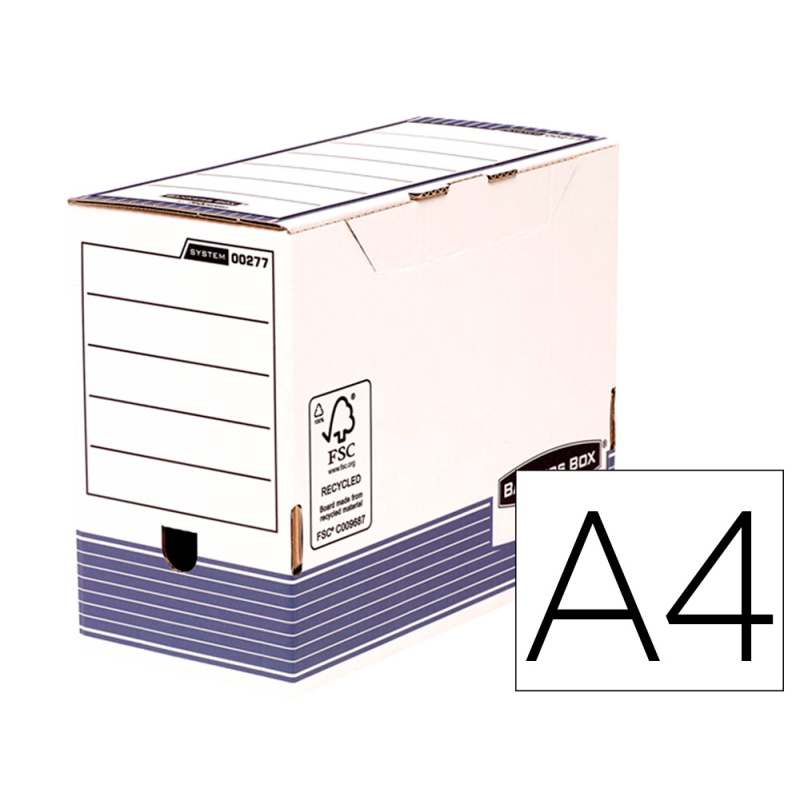 Caja archivo definitivo fellowes a4 carton reciclado 100% lomo 150 mm montaje automatico color azul