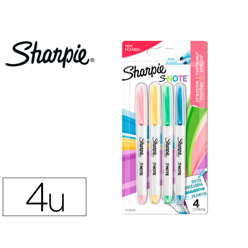 Rotulador sharpie permanente s-note punta biselada trazo 1,2 /3,87 mm blister 4 unidades colores surtidos