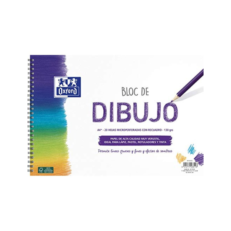 Bloc de dibujo oxford espiral din a4+ 20 hojas con recuadro 130 gr