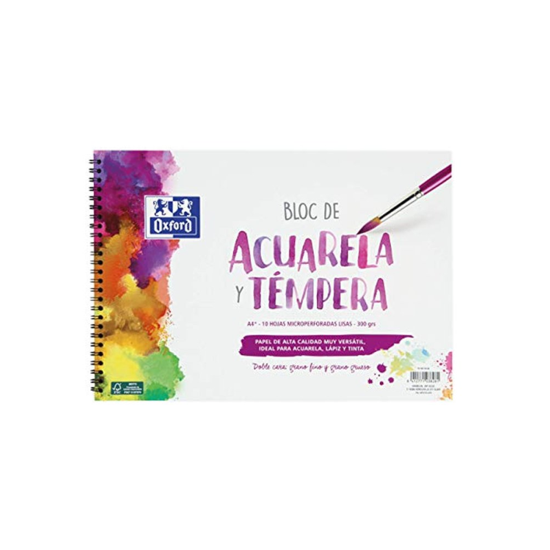 Bloc de dibujo oxford acuarela espiral din a4+ 10 hojas microperforado 300 gr