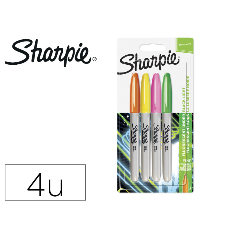 Rotulador sharpie permanente fino neon brilla bajo luz uv blister de 4 unidades colores surtidos