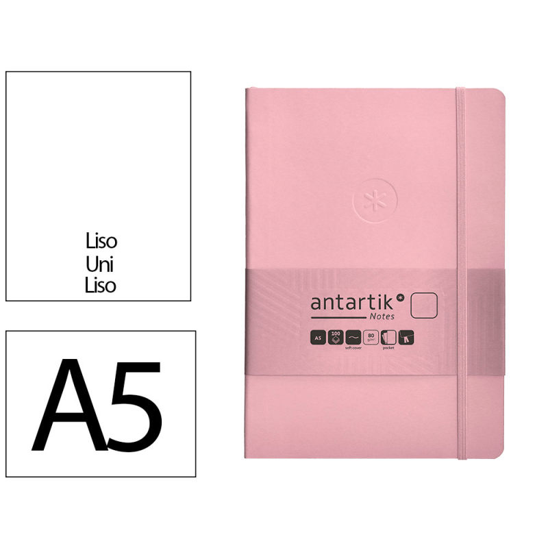 Cuaderno con gomilla antartik notes tapa blanda a5 hojas lisas rosa pastel 80 hojas 80 gr fsc