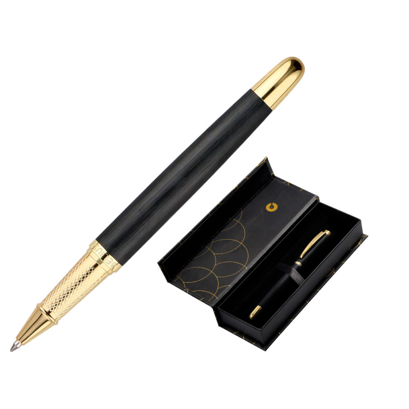 Boligrafo belius passion dor aluminio textura cepillada color negro y dorado tinta azul caja de diseño