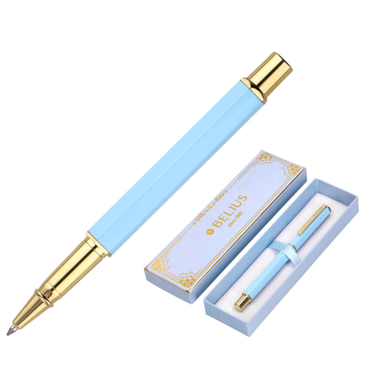 Boligrafo belius macaron bliss forma hexagonal color celeste y dorado tinta azul caja de diseño