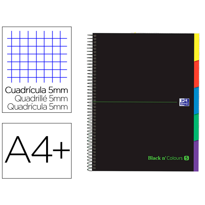 Cuaderno espiral oxford ebook 5 tapa extradura din a4+ 100 h con separadores cuadricula 5 mm black'n colors verde