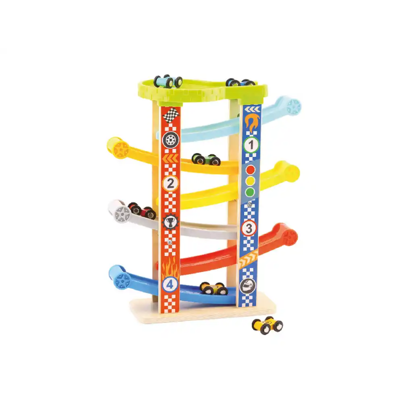 Juego infantil imaginovo madera torre de deslizamiento con 7 niveles incluye 6 coches +18 meses 38x32x14cm