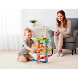 Juego infantil imaginovo madera torre de deslizamiento con 7 niveles incluye 6 coches +18 meses 38x32x14cm