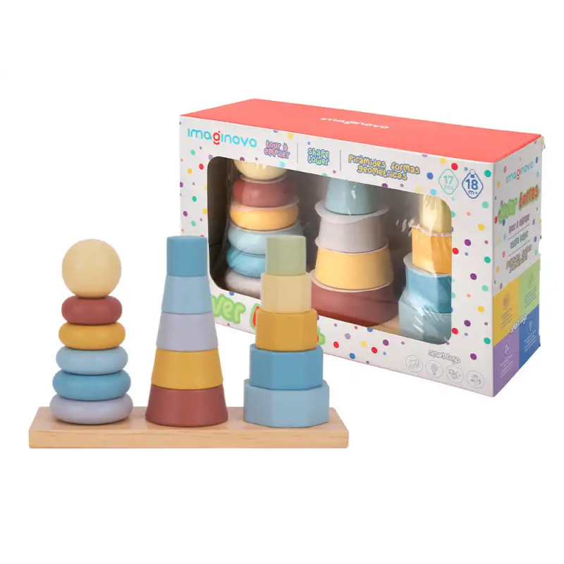 Juego infantil imaginovo madera torre de formas apilables +18 meses 17 piezas 28x20x9cm