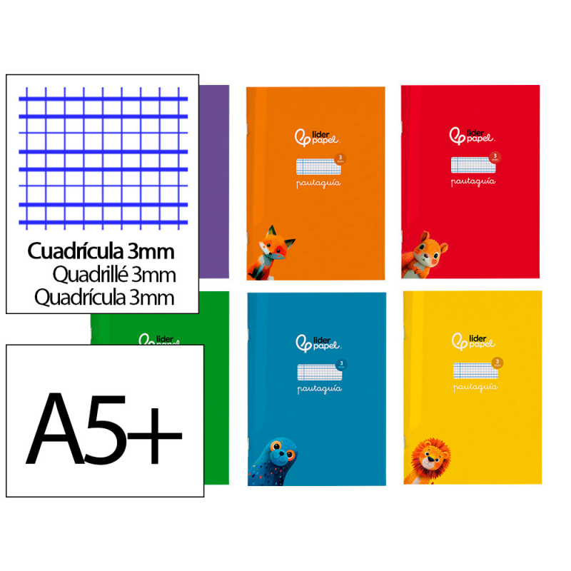 Libreta liderpapel pautaguia tapa cartoncillo 32h din a5+ 75gr cuadriculado pautado 3mm con margen 6 colores surtidos