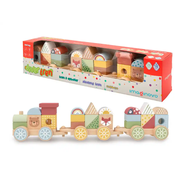 Juego infantil imaginovo madera tren figuras apilables con ruedas +18 meses 38x9,5x7,5cm