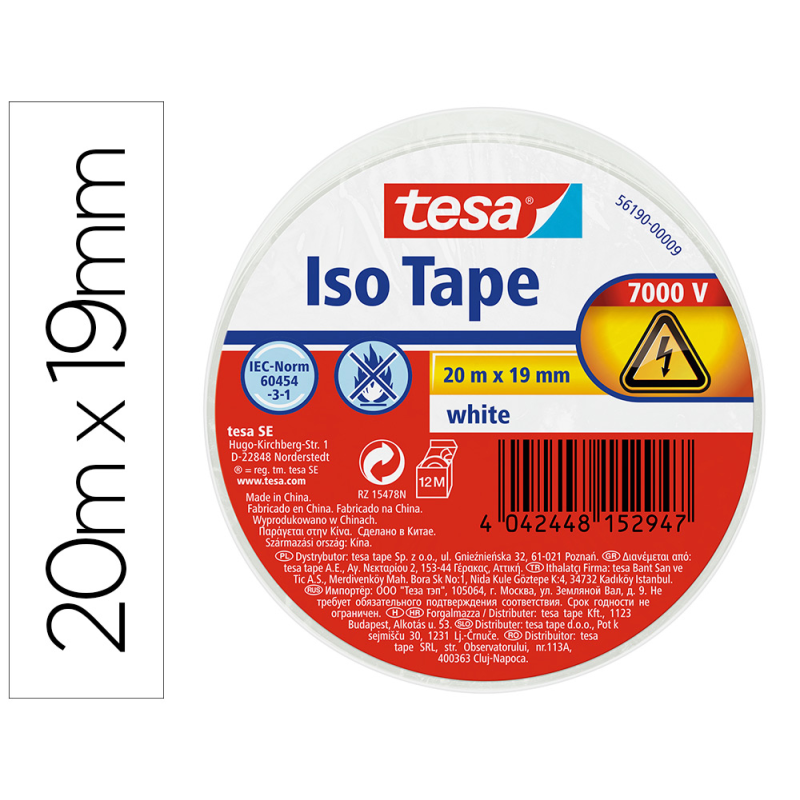 Cinta adhesiva aislante tesa homologada 20 m x 19 mm color blanco