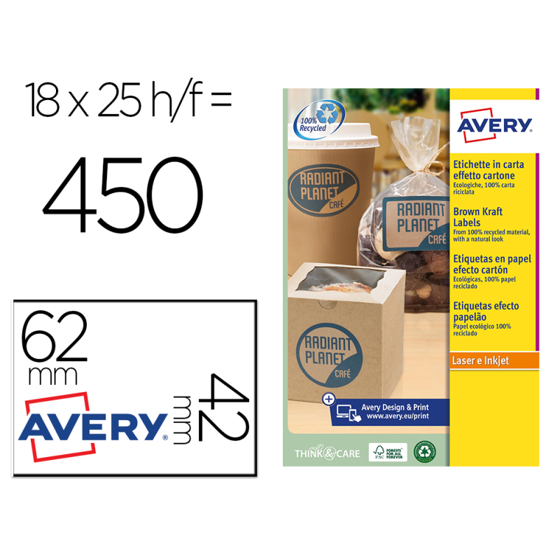 Etiqueta adhesiva avery kraft efecto carton rectangular 62x42 mm removible para laser ink-jet caja de 160 unidades