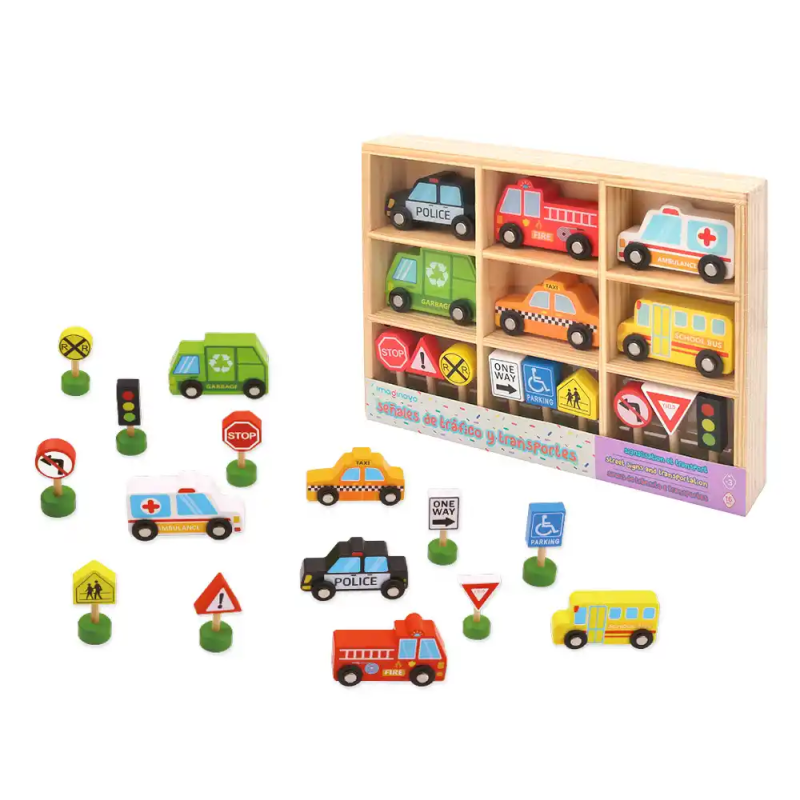 Juego infantil imaginovo madera vehiculos y señales de trafico +3 años 16 piezas 30x22x4cm