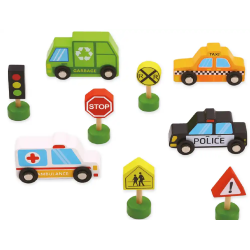 Juego infantil imaginovo madera vehiculos y señales de trafico +3 años 16 piezas 30x22x4cm