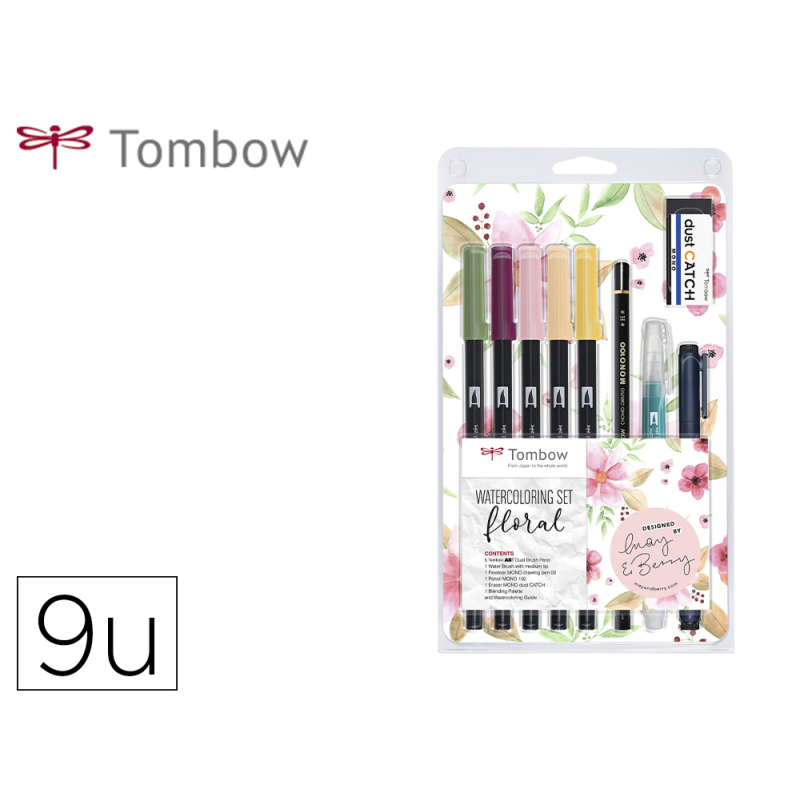 Set watercoloring tombow floral 9 piezas