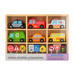 Juego infantil imaginovo madera vehiculos y señales de trafico +3 años 16 piezas 30x22x4cm
