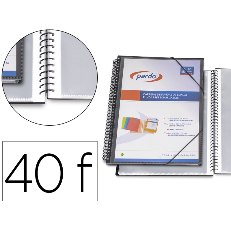 Carpeta pardo escaparate con espiral 40 fundas folio personalizable color negro