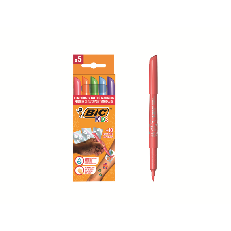 Rotulador bic kids tattoo caja de 5 unidades colores surtidos + 10 plantillas