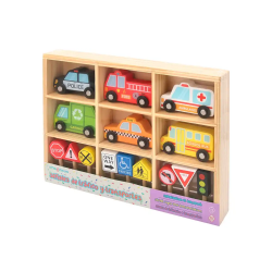 Juego infantil imaginovo madera vehiculos y señales de trafico +3 años 16 piezas 30x22x4cm