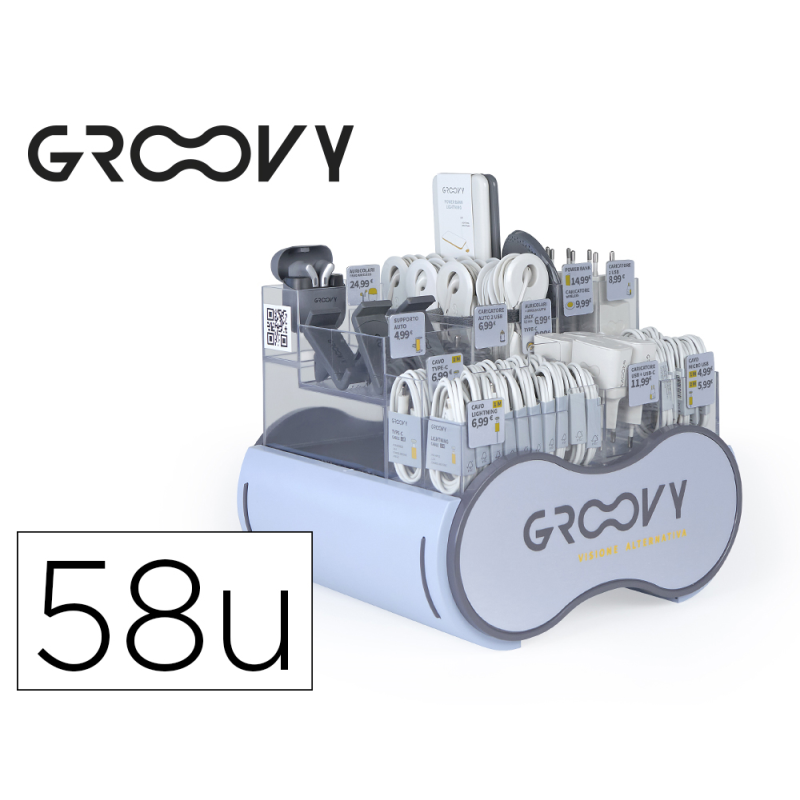 Expositor de cables cargadores y complementos de telefonia groovy contiene 56 piezas surtidas