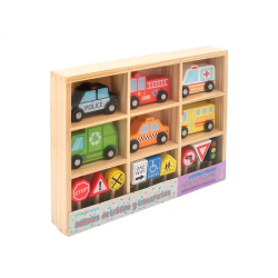 Juego infantil imaginovo madera vehiculos y señales de trafico +3 años 16 piezas 30x22x4cm