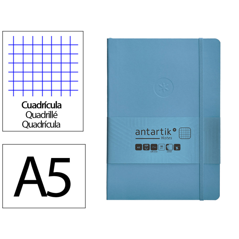 Cuaderno con gomilla antartik notes tapa blanda a5 hojas cuadricula azul claro 80 hojas 80 gr fsc