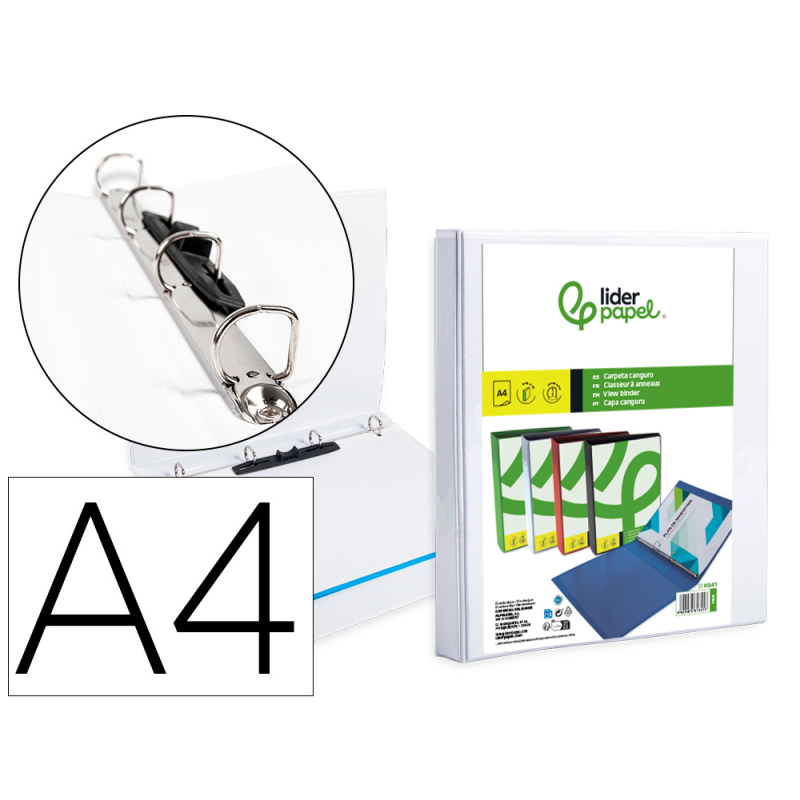 Carpeta canguro 4 anillas mixtas 16mm liderpapel a4 plastico color blanco