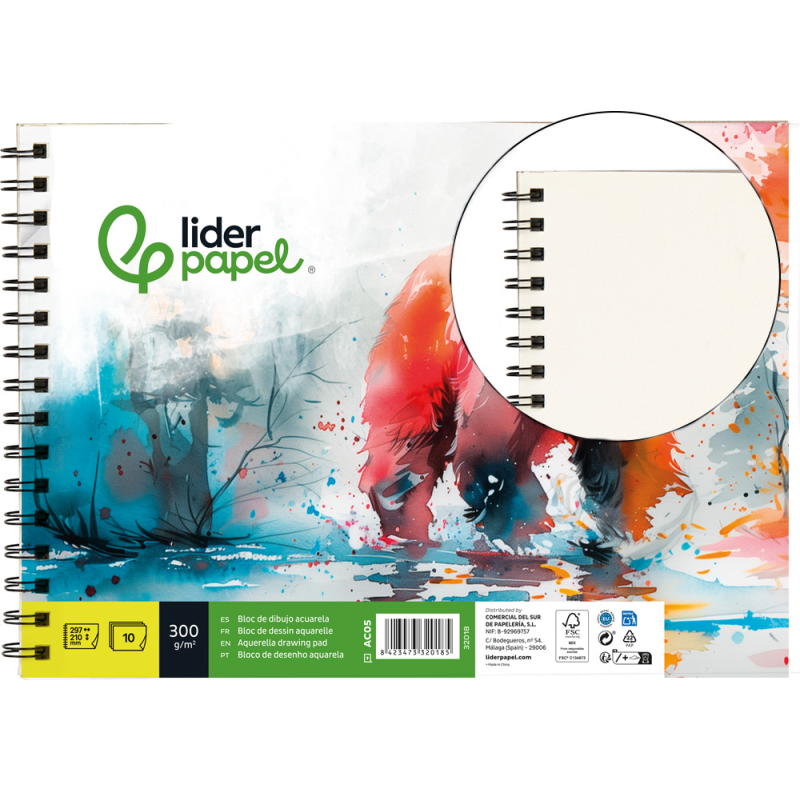 Bloc dibujo liderpapel acuarela espiral 297x210mm 10 hojas 300g/m2 sin recuadro