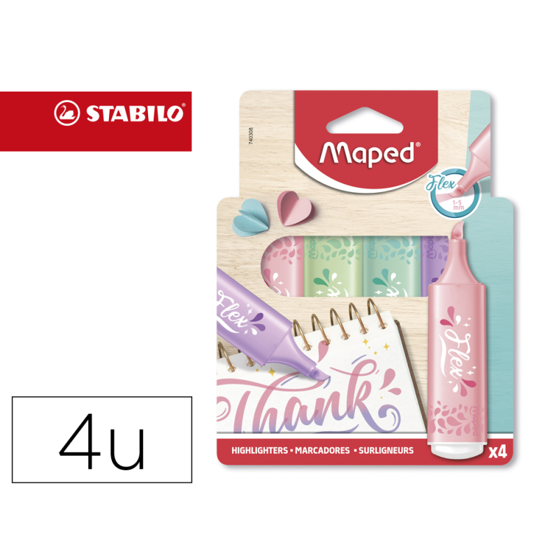 Rotulador maped fluorescente pastel flex blister de 4 unidades colores surtidos