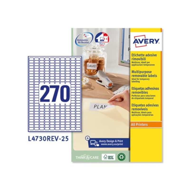 Etiqueta adhesiva avery tamaño 17.8x10 mm removible paquete de 25 hojas