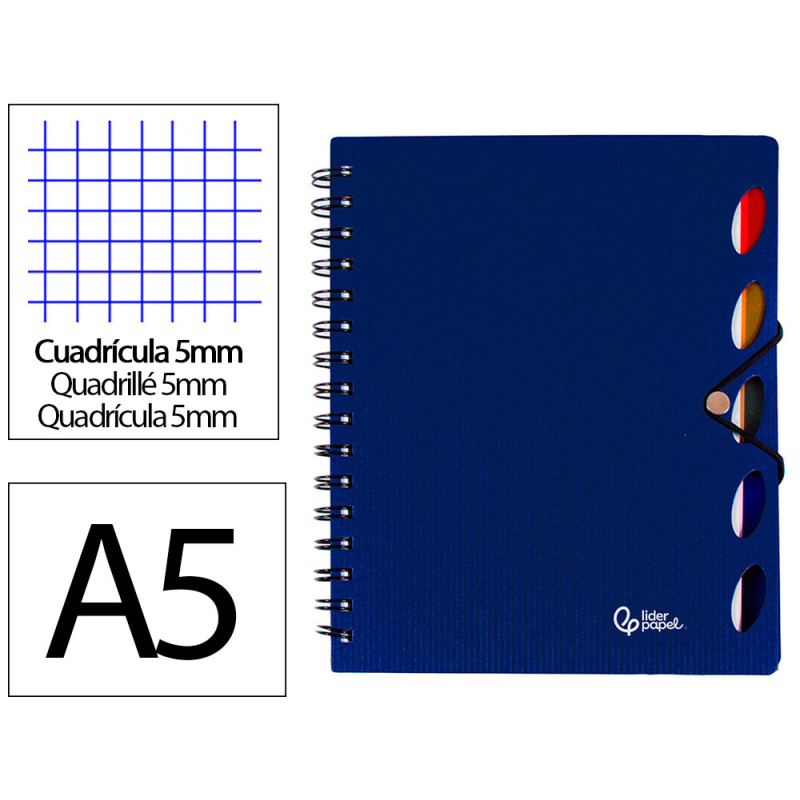 Cuaderno espiral liderpapel a5 micro executive tapa plastico 100h 80gr cuadro 5mm 5 se paradores con gomilla azul