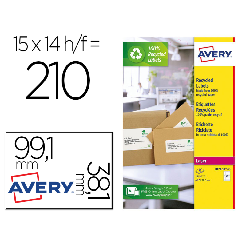 Etiqueta adhesiva avery blanca permanente reciclada 100% laser 99,1x38,1 mm caja de 210 unidades