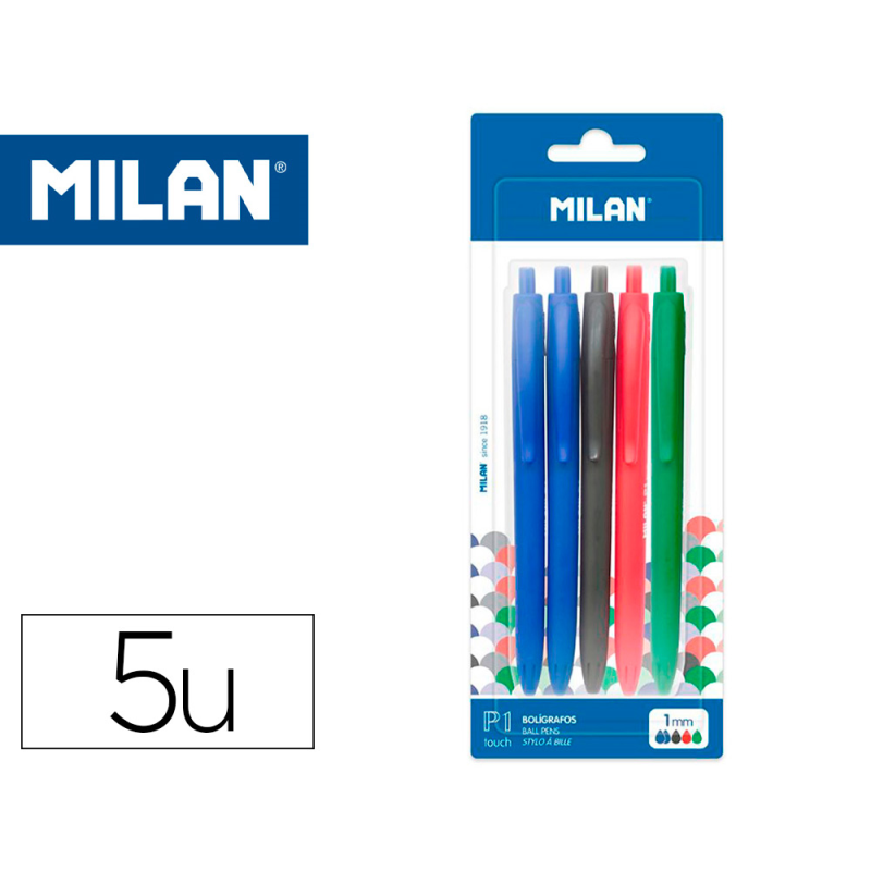 Boligrafo milan p1 retractil 1 mm touch blister de 5 unidades colores surtidos