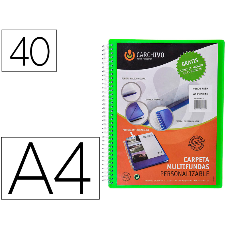Carpeta carchivo archivex polipropileno canguro verde escaparate con espiral 40 fundas cierre gomas din a4