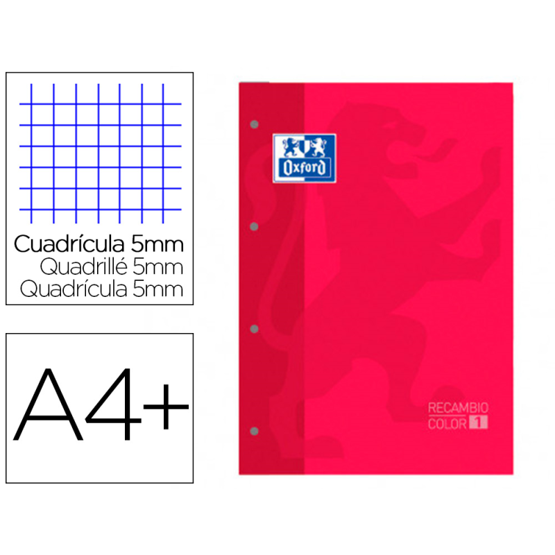Recambio color 1 oxford din a4+ 80 hojas 90 gr cuadro 5 mm 4 taladros color rojo