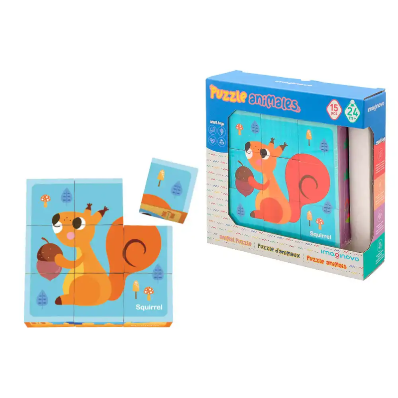 Puzle infantil imaginovo madera cubos de animales +24 meses 15 piezas incluye 12 patrones 22x22x6,4cm