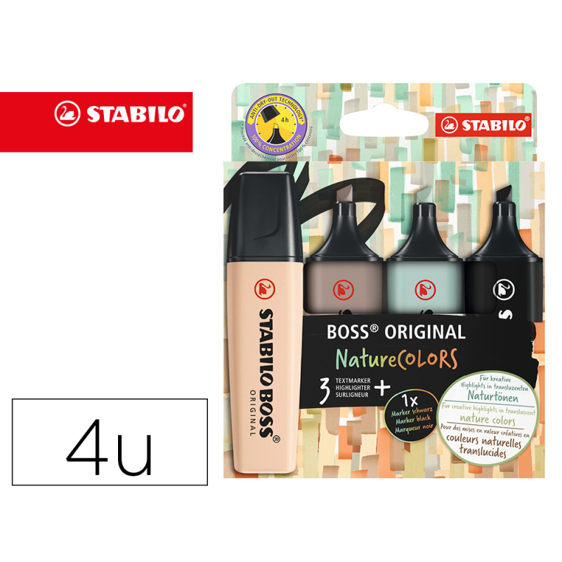 Rotulador stabilo boss pastel fluorescente 70 nature colors estuche de 4 unidades colores surtidos