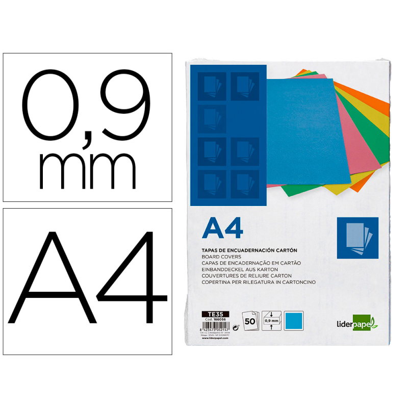 Tapa encuadernacion liderpapel carton a4 0,9mm azul fluor paquete de 50 unidades