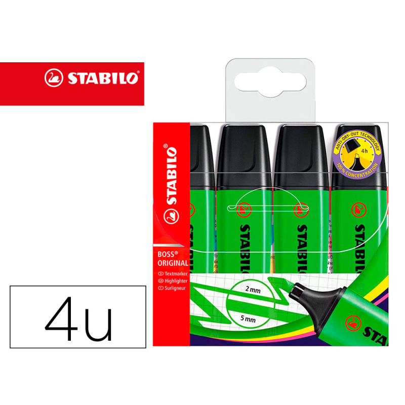 Rotulador stabilo boss fluorescente 70 verde estuche de 4 unidades