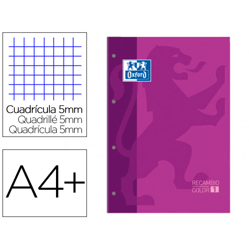 Recambio color 1 oxford din a4+ 80 hojas 90 gr cuadro 5 mm 4 taladros color morado