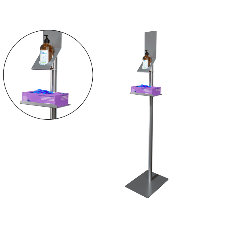 Soporte de suelo dispensador de gel y guantes de acero laminado medidas 1460x300x390 mm color gris