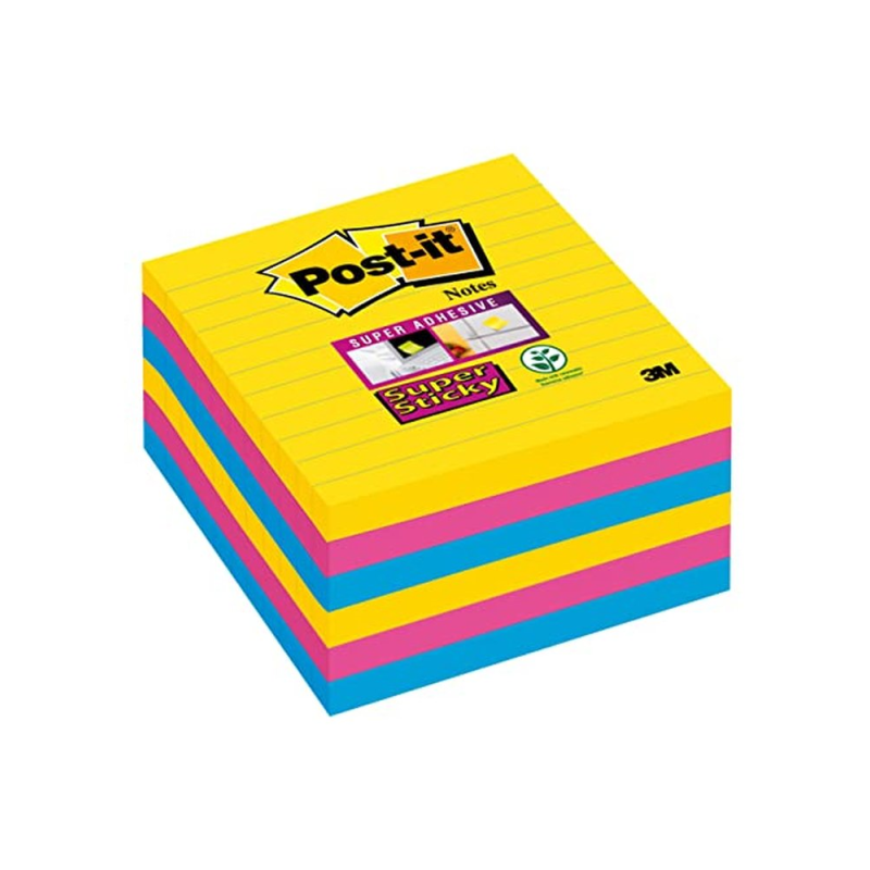 Bloc de notas adhesivas quita y pon post-it super sticky 101x101 mm con 90 hojas rayado pack de 6 bloc colores