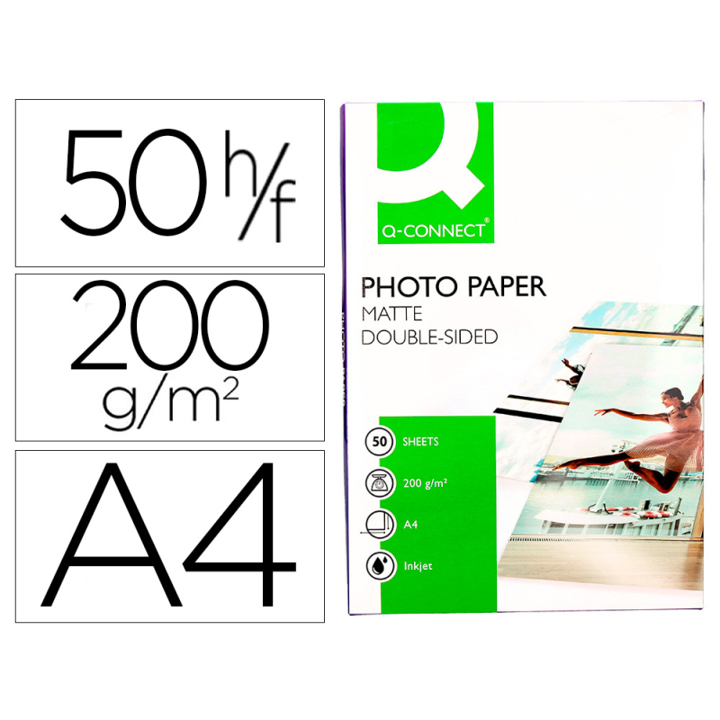 Papel q-connect foto mate doble cara din a4 para fotocopias e impresoras ink- jet bolsa de 50 hojas 220 gr