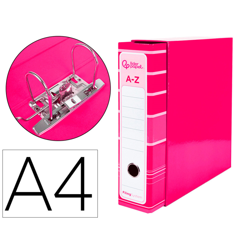 Archivador de palanca liderpap el a4 filing system forrado sin rado lomo 80mm rosa con caja y compresor metalico
